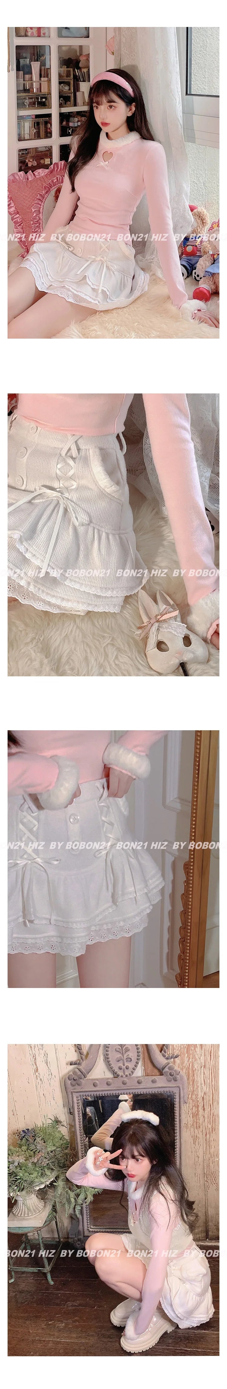 Japanese lolita kawaii clothes pink mini skirt with shorts Lace High Waist korean style women 2025 new fall White skirt fluffy.