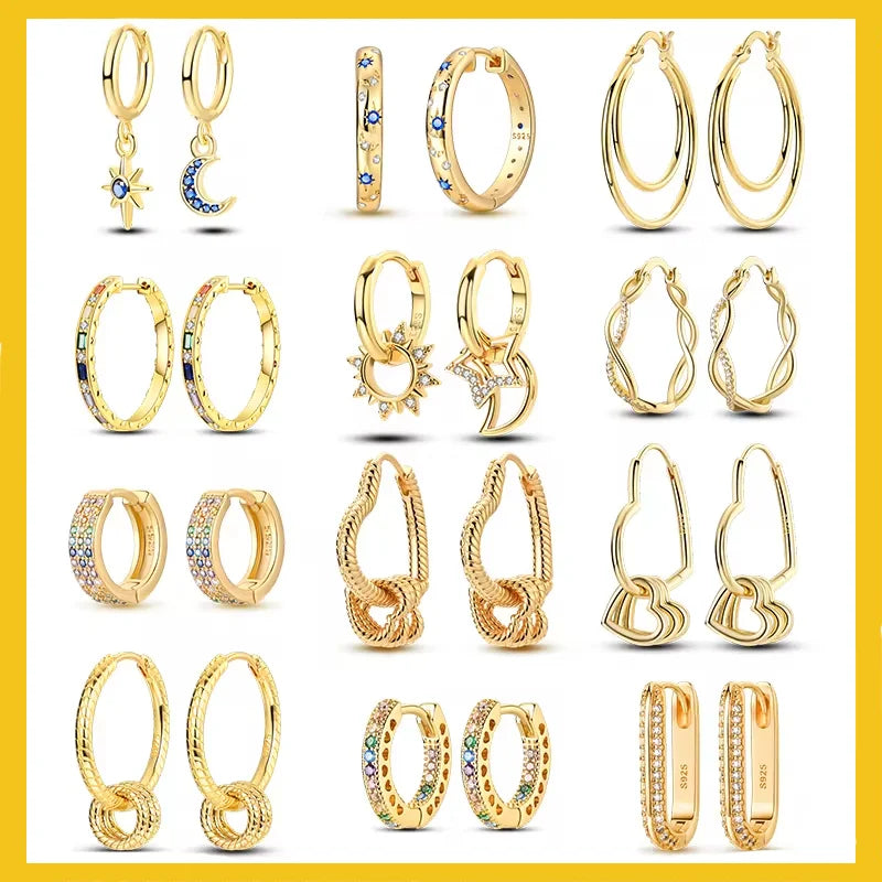 Yellow Gold Starlight Hoop Earrings For Girl Sparkling Classic Snakebone Multi-loop Earrings Star Moon 925 Silver Women Earring.