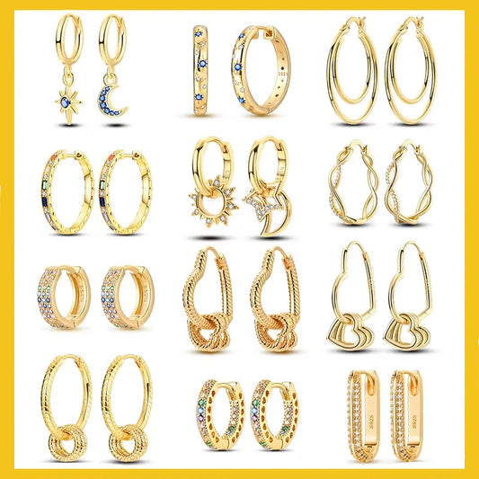 Yellow Gold Starlight Hoop Earrings For Girl Sparkling Classic Snakebone Multi-loop Earrings Star Moon 925 Silver Women Earring.