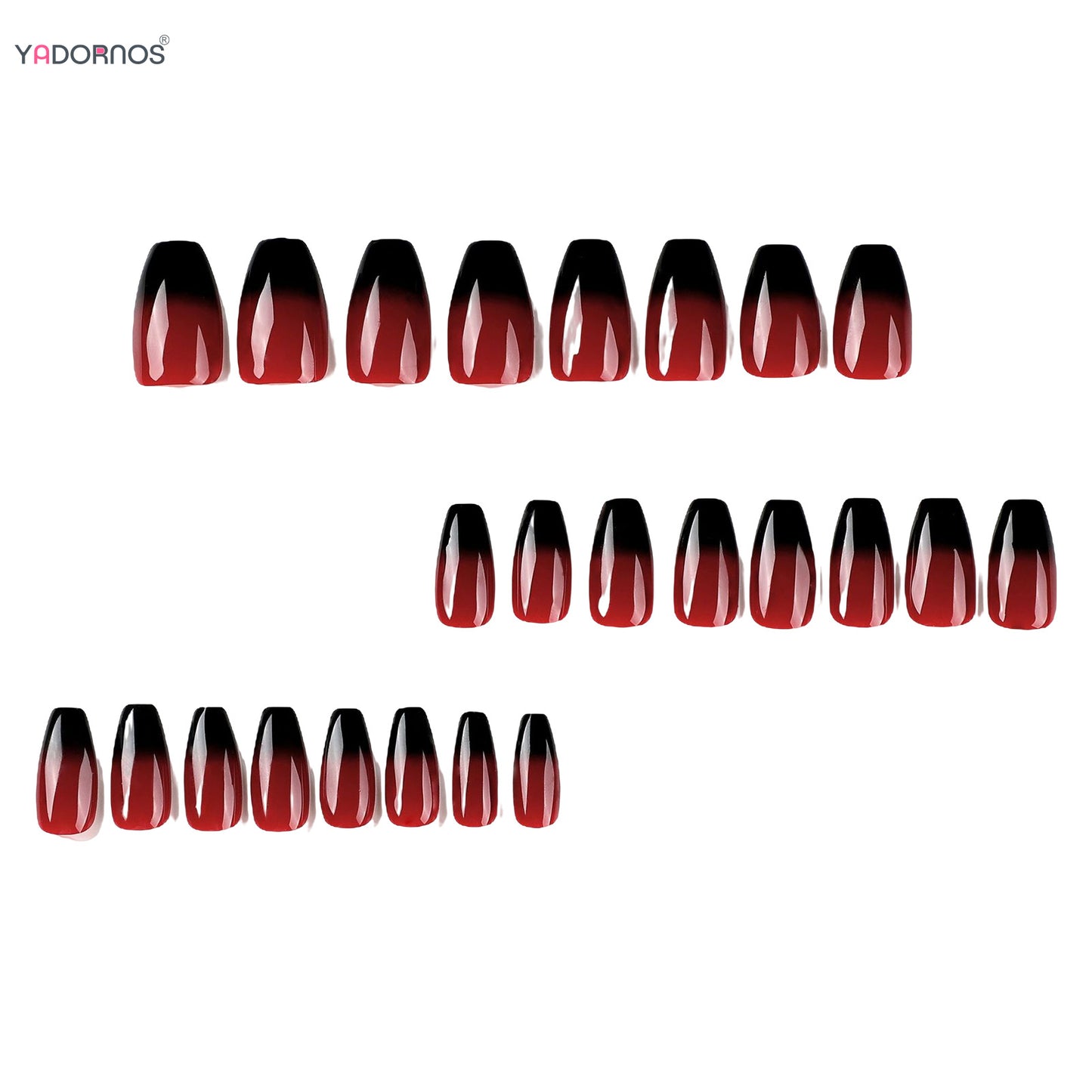 Red Black Gradient Press on Nails Medium Length Coffin Fake Nails with Sticky Tabs Ballerina False Nails Tips for Women 24Pcs.