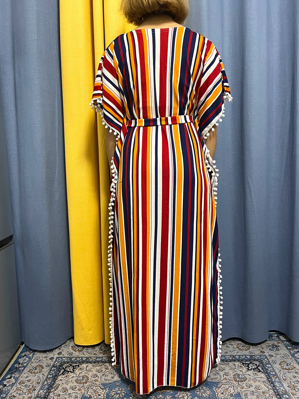 Abayas For Women 2024 Printed Vertical Stripe Tassels Elasticity Loose Fit Femme Robe African Woman Dresses With Belt Headscarf