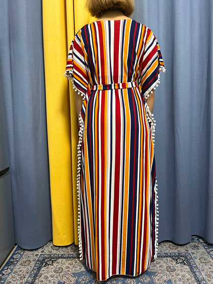 Abayas For Women 2024 Printed Vertical Stripe Tassels Elasticity Loose Fit Femme Robe African Woman Dresses With Belt Headscarf