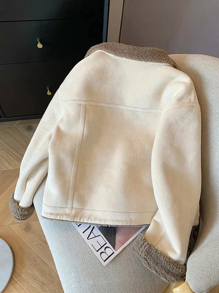 Wildleder Samt Lamm Jacke Frauen Herbst Winter Dicke Warme Turndown Kragen Mantel Y2K Lose Streetwear Alle Spiel Langarm Outwear.