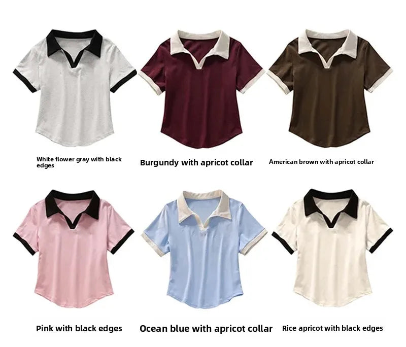 Summer Short Sleeve V-Neck Polo Shirt Women's Short Style Cotton Lycra Ribbed Top Bright Color Block 220g 40 Denier.