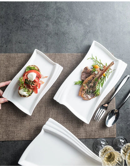 Creative Ceramic White Rectangular Western Food Plate Hotel Restaurant Special Cake Dessert Tableware Household Sushi Set Plate.