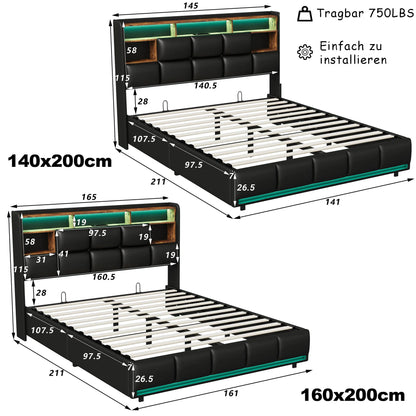 Lazyspace Modernes PU-Polsterbett, Doppelbettgestell, hydraulisches Bett mit Stauraum, Kopfteil mit LED-Licht und Ablagefach