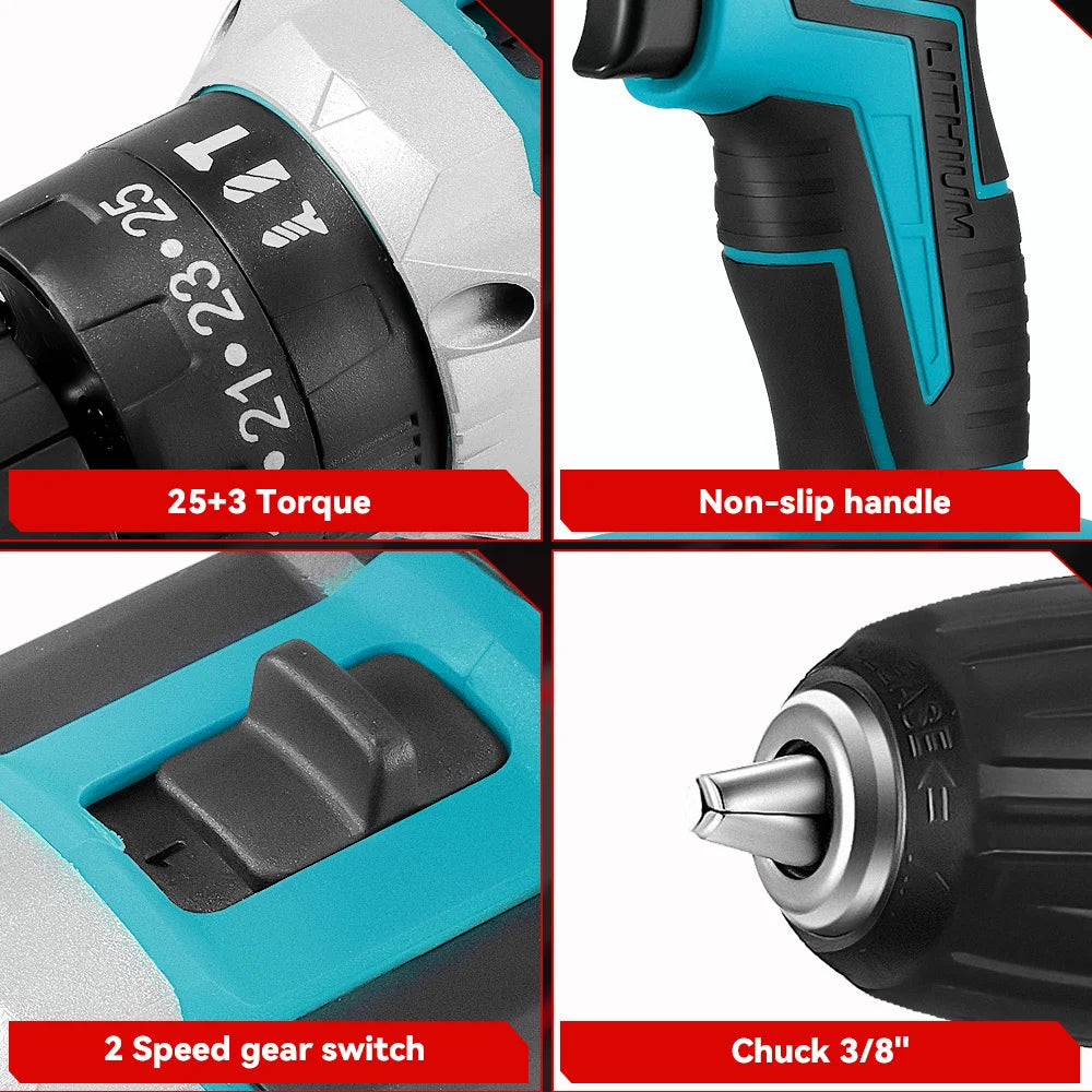 ONEVAN Elektrischer Schlagbohrschrauber, 25 + 3 Drehmoment, multifunktional, 2 Gänge, Akku-Bohrhammer, Elektrowerkzeug für Makita 18 V Akku-Stift