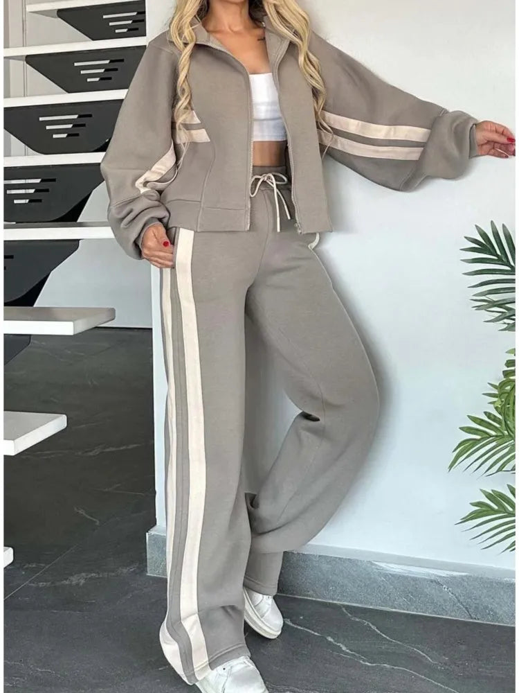 Fashion Striped Hoodie Set For Women Casual Long Sleeve Zip Tops+High Waist Wide Leg Pants 2 Piece Sets Lady Y2k Sports Clothes.
