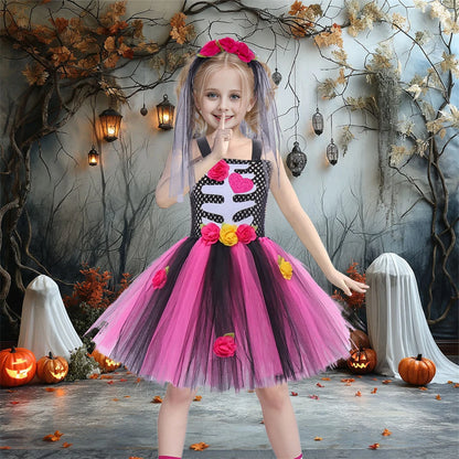Halloween Kinder Kleid Cosplay Herz druck Skelett Kostüme Mädchen Blumen Schädel Tutu Kleidung Kinder Karneval Leistung Outfits.