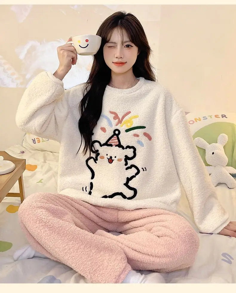 Kawaii Hello Kitty Pajamas Girl Sanrio Long-Sleeved Loungewear Sweet Young Student Girl  Warm Home Clothes Sleepwear Set.