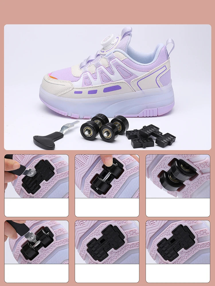 Children Four Wheels Luminous Glowing Sneakers Black Pink Led Light Roller Skate Shoes Kids Led Shoes Boys Girls USB Charging.