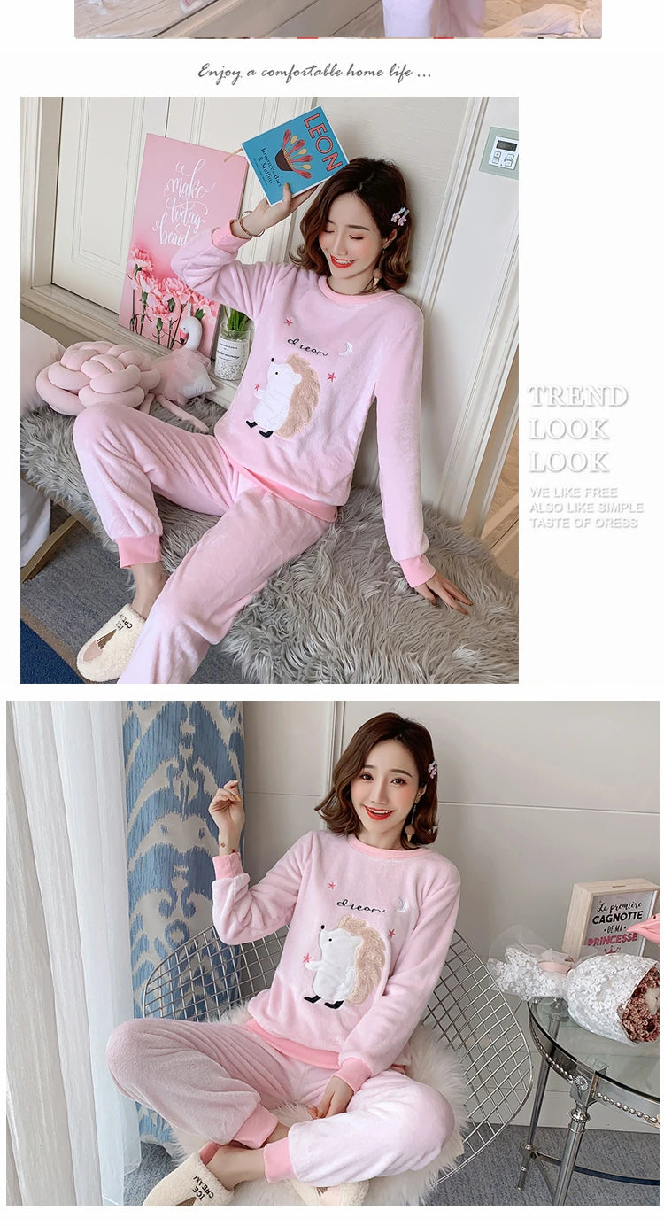 Herbst Winter neue Flanell weiche warme Frauen Pyjamas Rundhals ausschnitt Langarm Frauen zweiteilig Set niedlichen Druck Pyjama Anzug Frauen.