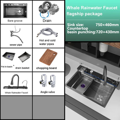 Edelstahl-Küchenspüle, multifunktionale Digitalanzeige, Wasserfall, großer Einzelschlitz mit Rack für Messerwaschbecken