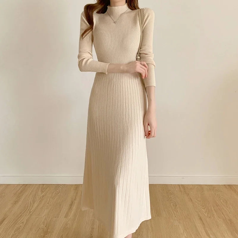 Herbst Winter schlankes Langarm Party Midi Kleid für Frauen gestrickt halbhohen Kragen elegante Strick pullover Kleider Damen