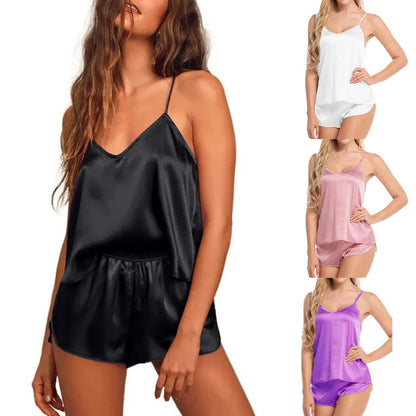 Sexy Frauen Pyjama Satin Spitze Seide Hosenträger V-Ausschnitt Tops Shorts Robe Pyjama Set Nachthemd Unterwäsche Nachthemd Anzug.