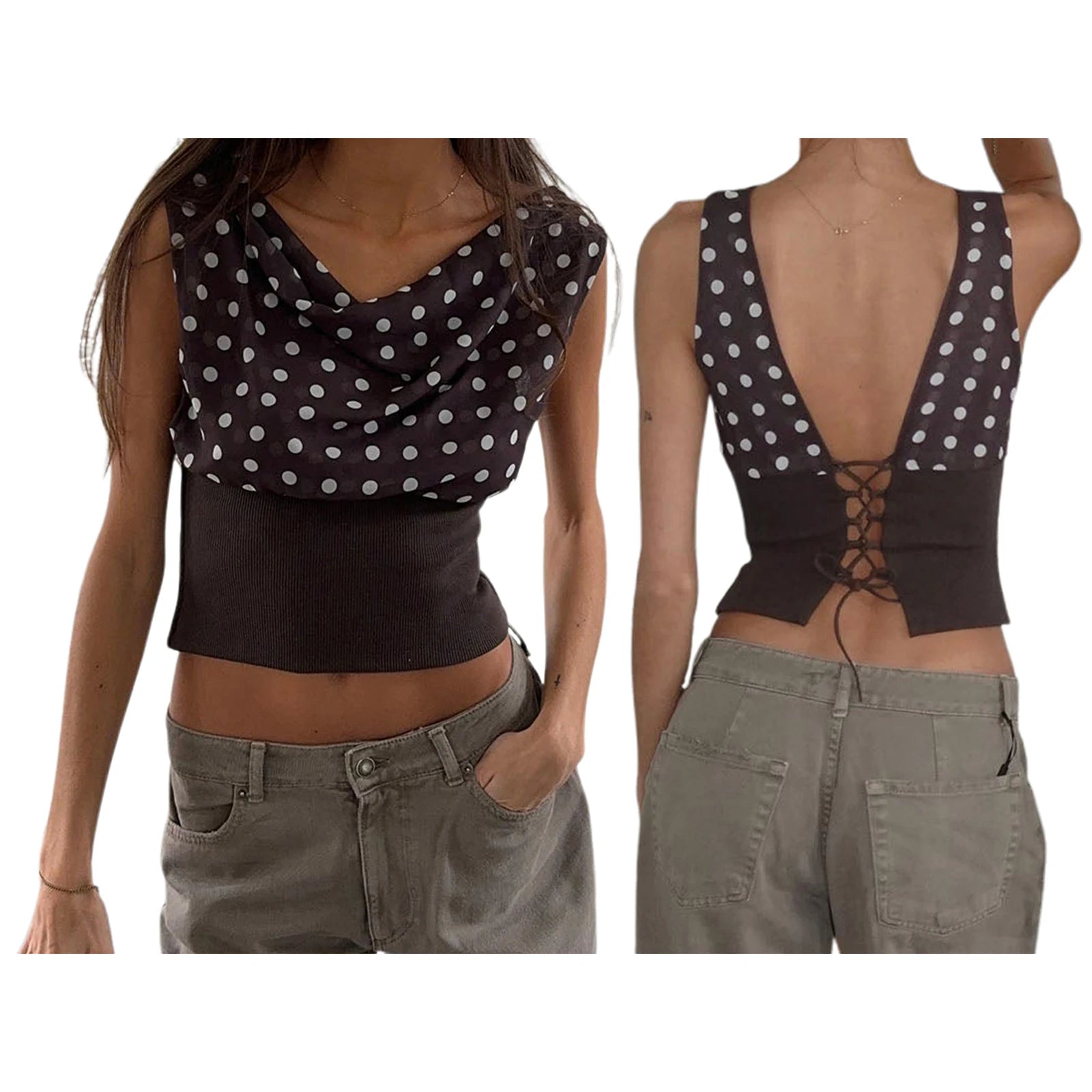 Women Summer Off One Shoulder Tops Sleeveless Slash Neck Dotted Contrast Color Lace-up Backless Slim Crop T-Shirts.