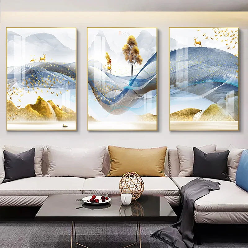 3 Pieces Nordic Luxury Ribbon Abstract Landscape Wall Art Canvas Paintings Modern Gold Deer Poster Print Picture for Home Decor.