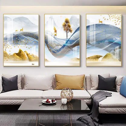 3 Pieces Nordic Luxury Ribbon Abstract Landscape Wall Art Canvas Paintings Modern Gold Deer Poster Print Picture for Home Decor.