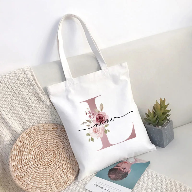Custom Name White Canvas Tote Bag Large Capacity Foldable Supermarket Shopping Bag for Women Shopper Personalized Handbags.