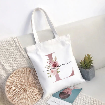 Custom Name White Canvas Tote Bag Large Capacity Foldable Supermarket Shopping Bag for Women Shopper Personalized Handbags.