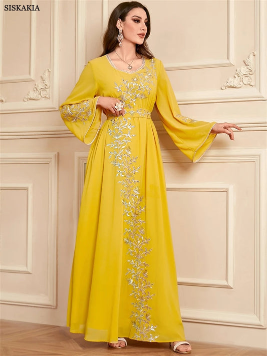 Siskakia Ramadan Muslim Woman’s Elegant Embroidery Abayas With Sashes Long Modest Dresses Women Loose Fashion Kebaya.
