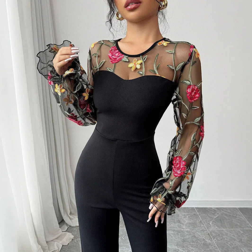 Spring Embroidery Floral jumpsuit Women Mesh long sleeve patchwork one piece set Elegant slim high waist wide leg Romper.