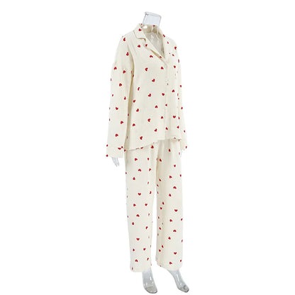 2-Piece Muslin Pajamas Set for Women 100% Cotton Love Printed Comfortable Long-Sleeved Tops Pajamas Home Wear Sleep Autumn Cloth.