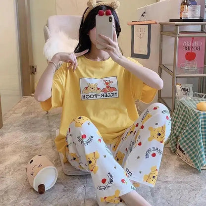 Sommer Pooh Bär Nachtwäsche frauen Lose Bequeme Cartoon Print Hause Kleidung Set Kurzarm Nachthemd Mickey Pyjama Set