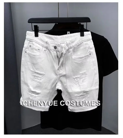 New Men's Denim Shorts Trendy Solid Color Ripped Slim Fit High Waist Elastic Waist Breathable Quick Dry Cotton Pants.