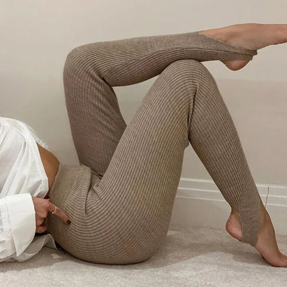 Beige Ribbed Knit Leggings Women High Waist Cotton Fitness Basic Pants Casual Spring New All-Match Female Skinny Leggings.