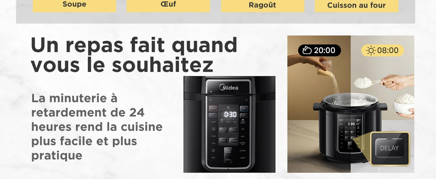 Midea Quick Electric pressure cooker 9-in-1 12 Predefined Programs Instant Stainless Steel Multicooker, Anti-stick Pot, 6L, Black.