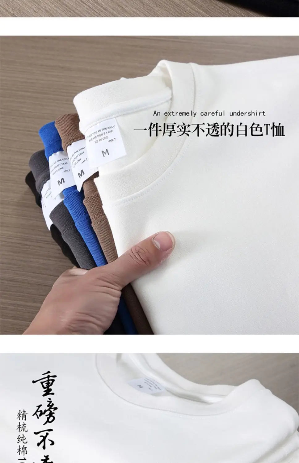 Black White GSM 500g Heavy-duty Pure Cotton T-shirt Thickened Threaded Round Neck Short Sleeves Three Needle Half Sleeve Tees.