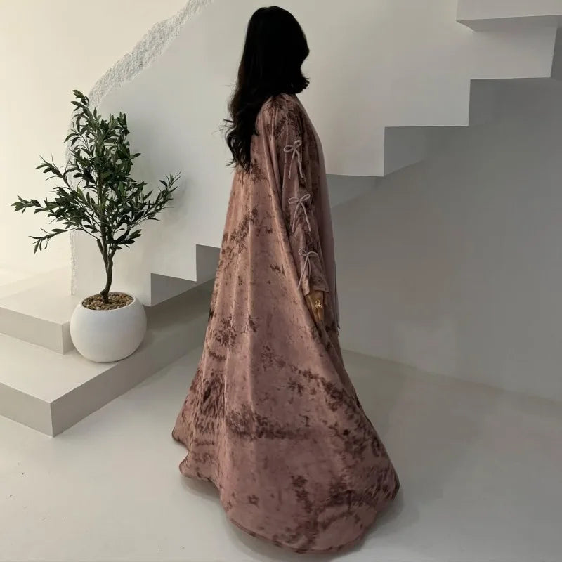 2025 sommer Arabisch Frauen Muslimische Kleidung Ramadan Dubai Offene Abaya Kleid mit Hijab Islam Gedruckt Chiffon 2 Stück Outfit.