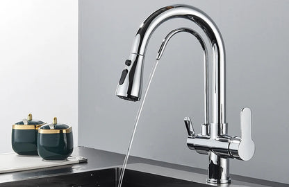 Quyanre Matte Black Filtered Crane For Kitchen Pull Out Spray 360 Rotation Water Filter Tap Three Ways Sink Mixer Kitchen Faucet