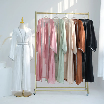 Muslim Abaya for Women Eid Dress 2 Piece Set Diamond Morocco Ramadan Lace-up Abayas Kaftan Islam Cardigan Dubai Arab Long Robe