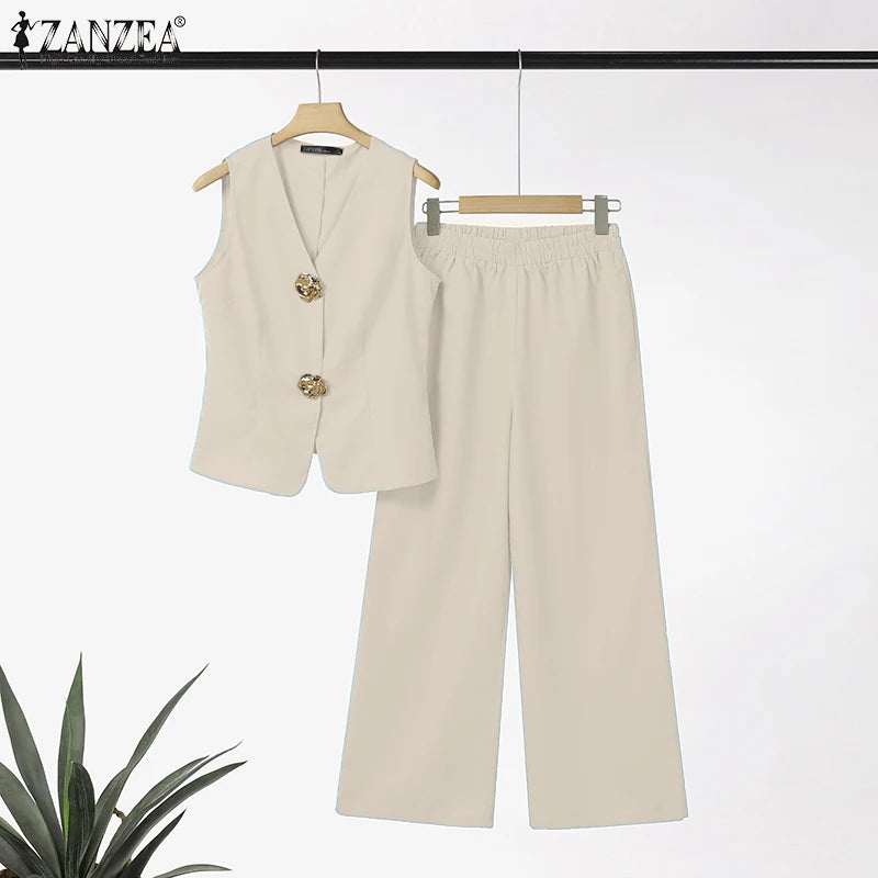 ZANZEA 2025 Summer Outfits Women Fashion Matching Sets V Neck Sleeveless Tanks Tops Trousers Suit 2PCS Solid Work OL Tracksuits.