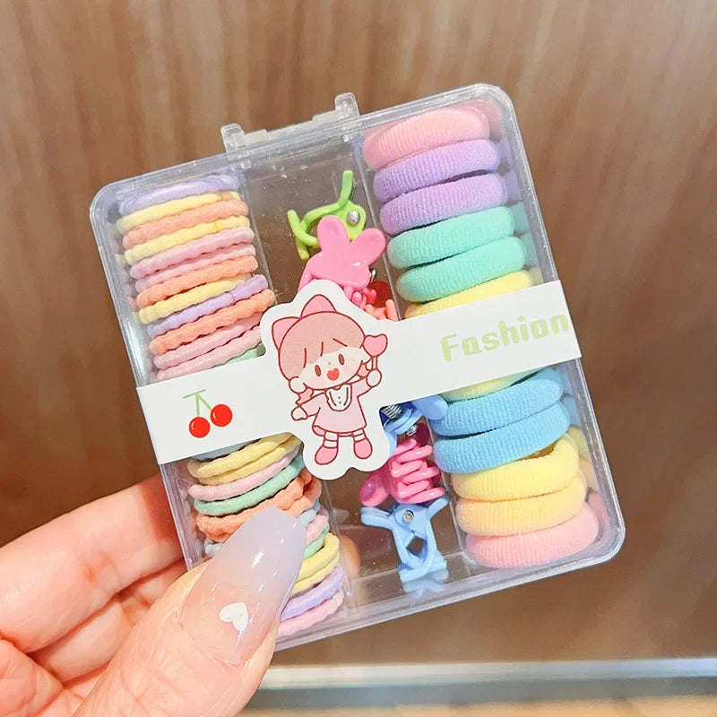 New Cute Box Set Children's New High Elasticity Elastic Band Candy Color Hair Tie Clip Hair Clip Rope Princess Accessories.