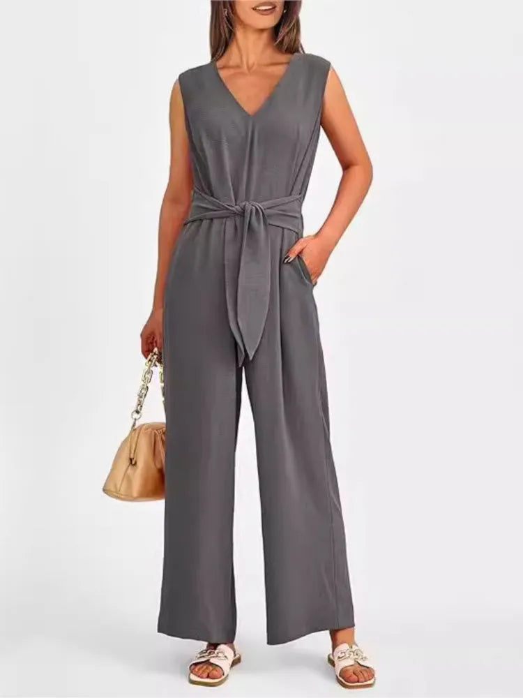 Summer High Waist Lace-up Jumpsuits Women 2025 New Sleeveless V-neck Side Pocket Solid Casual Jumpsuit Office Ladies Rompers.