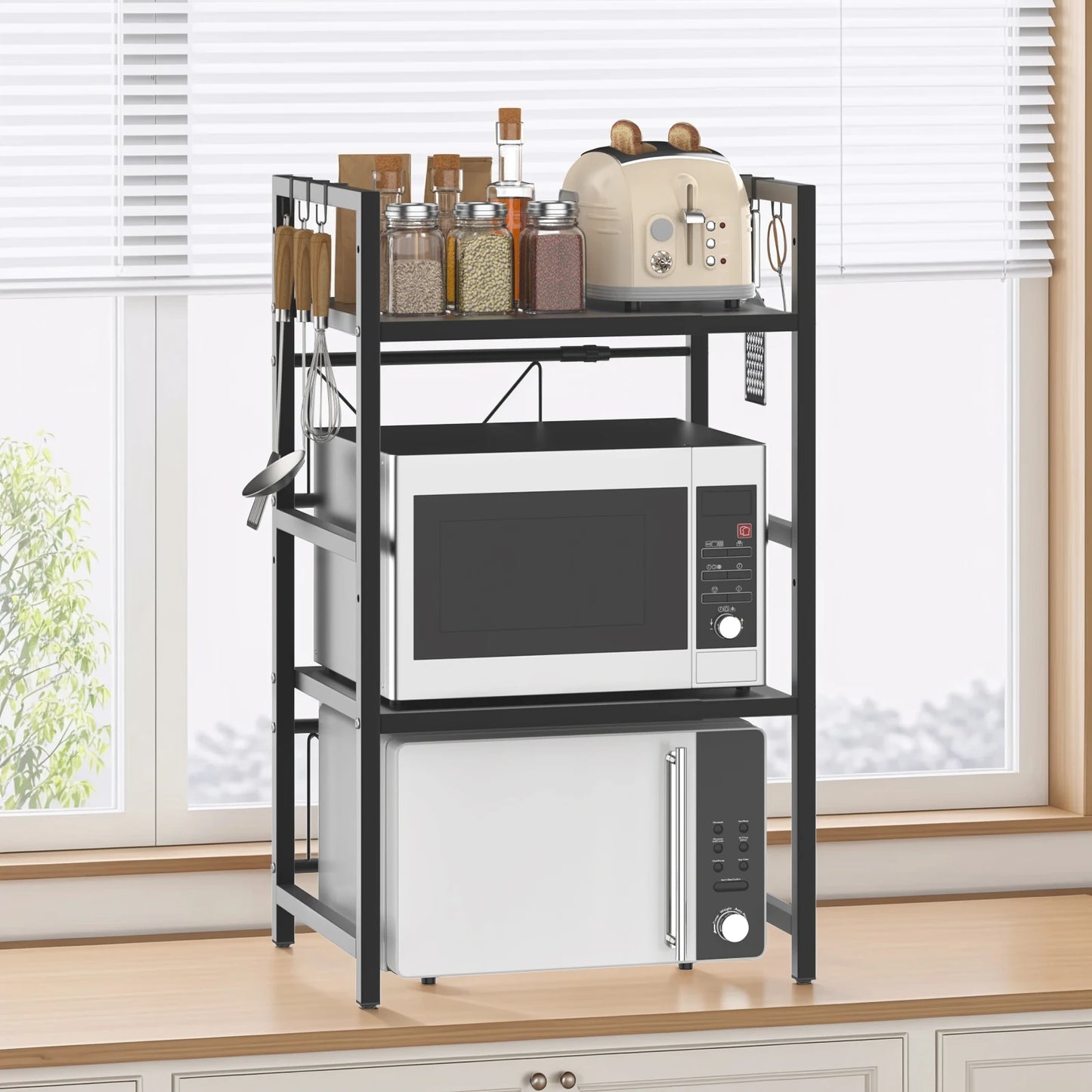 Kitchen Storage Rack Metal Condiment Organizer Shelf Expandable Microwave Shelf Height Adjustable.