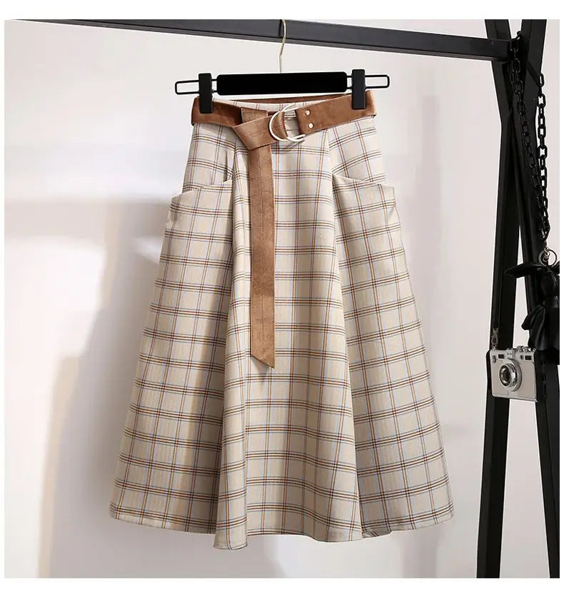 Plaid Vantage High Waist A-line Loose With Belt Pocket Women's Skirt Korean Fashion Mid-Calf Long Skirts For Women 2024 Spring.
