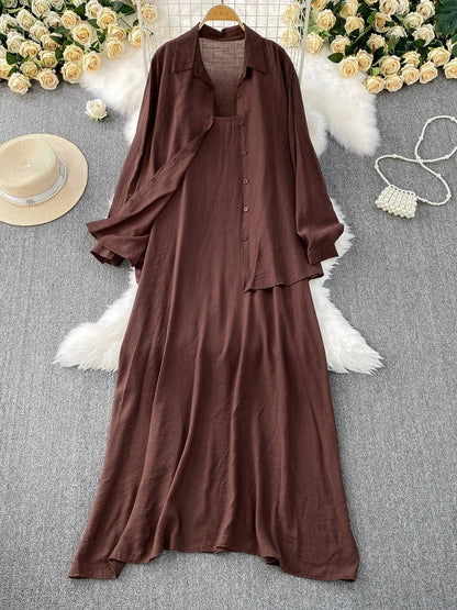 Muslim Women Shirt Dress Two Piece Set Solid Modest Suits Ramadan Musulman Ensemble Morocco Dubai Abayas Islam Outfits Jalabiya