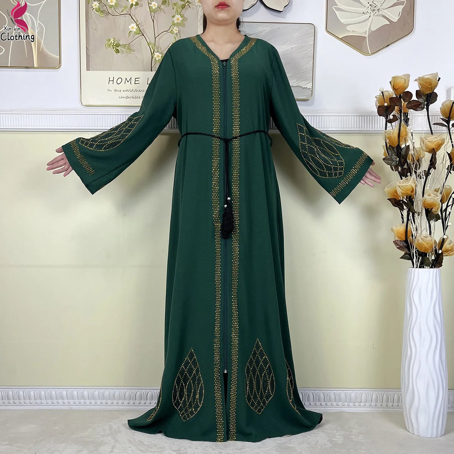 New Dubai Women Elegant Dress Diamonds Chiffon Open Abaya with Zipper Islamic Turkey Clothing Women Muslim Party Evening Dress