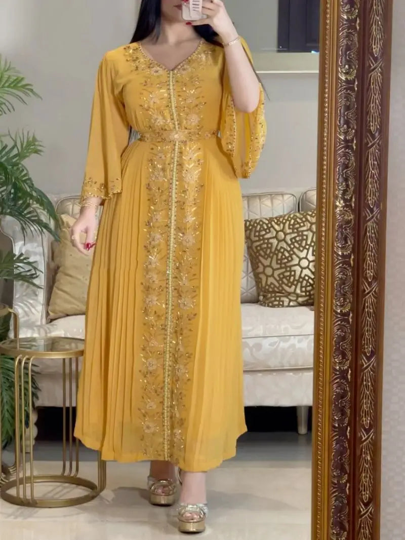 Evening Party Dress Women Eid Morocco Muslim Abaya for Women Diamond Islamic Embroidery Dresses Belt Kaftan Vestidos Maxi Abayas.