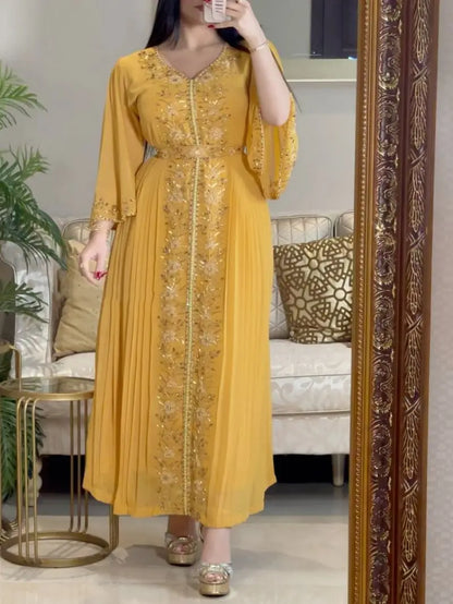 Evening Party Dress Women Eid Morocco Muslim Abaya for Women Diamond Islamic Embroidery Dresses Belt Kaftan Vestidos Maxi Abayas.