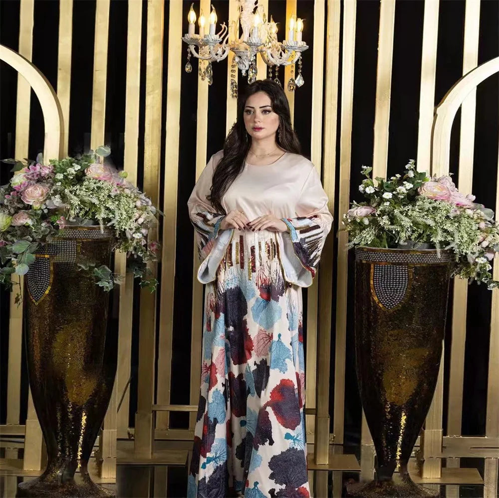Siskakia Arab Saudi Printing Sequins Long Dresses Galabia Muslim Eid Women Abayas Islam Clothing Turkish African Kebaya 2024 New.