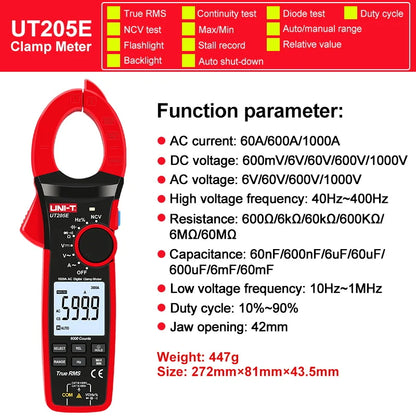 UNI-T Zangenmessgerät UT207B UT208B AC DC Amperometrische Zange Digitalmultimeter Amperemeter Zange Einschaltstrom Tester Werkstatt Werkzeuge