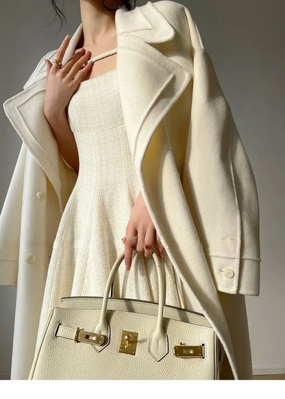 Weißer Mantel im französischen Stil, High-End-Temperament, Herbst-Winter, langer Wollmantel, 2025, neuer Damen-Wollmantel, modische lose Oberbekleidung.