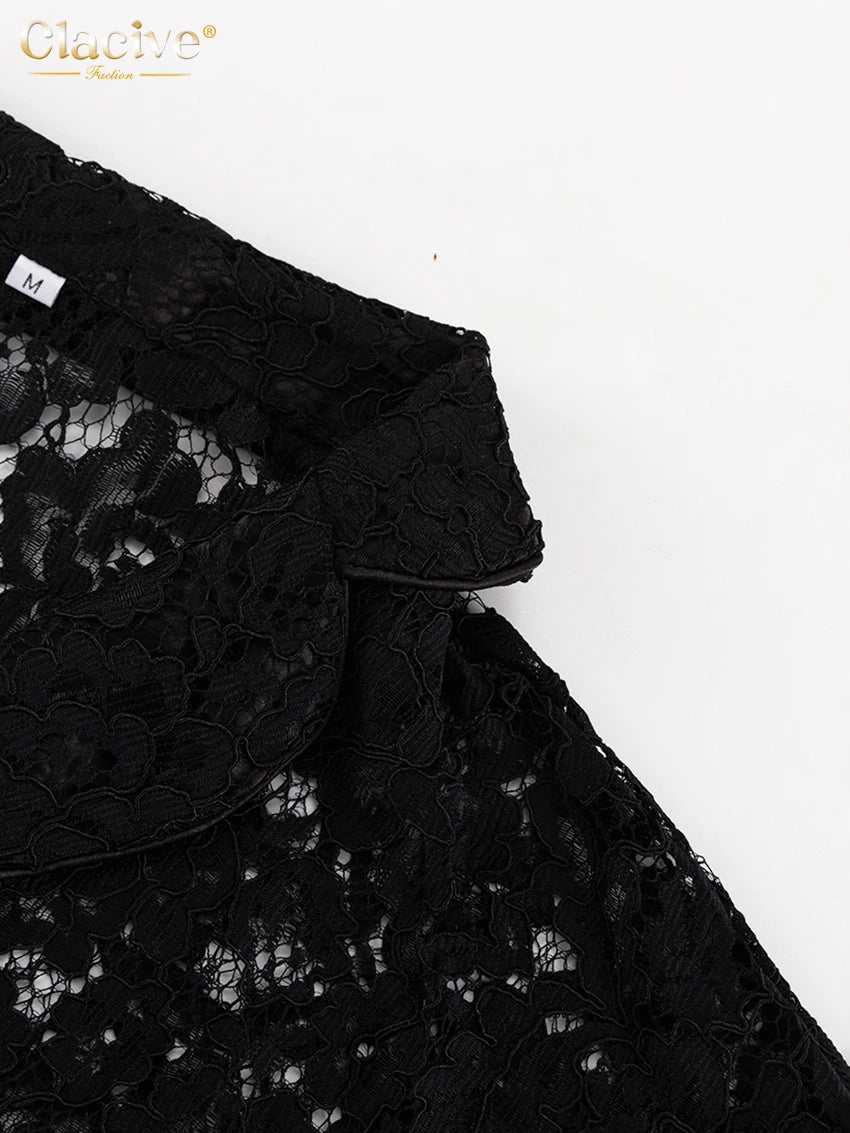 Clacive Sexy Loose Black Lace See Through Trousers Sets Women 2 Pieces Fashion Long Sleeve Shirt With High Waist Wide Pants Set.