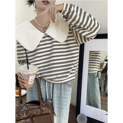 Oversized New Women Clothing Korean Patchwork Peter Pan Collar Sweatshirts Female Casual Striped Long Sleeve Loose T-Shirts Tops.