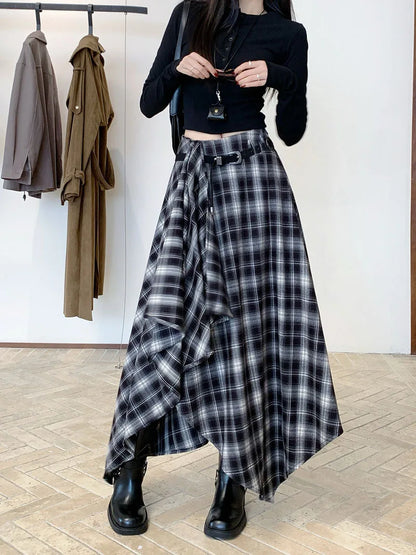 Qiukichonson Long Skirts Women Woolen Skirt 2025 Goth Autumn Winter High Waist Ruffles Asymmetrical Plaid Skirt Maxi With Belt.